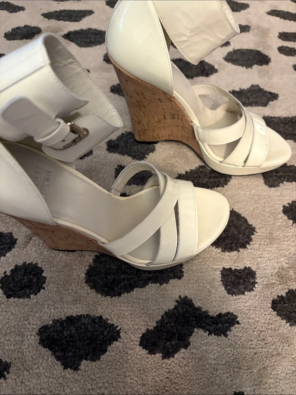 Stuart Weitzman Cream Patent Leather Strappy Ankle-Heel Sandals